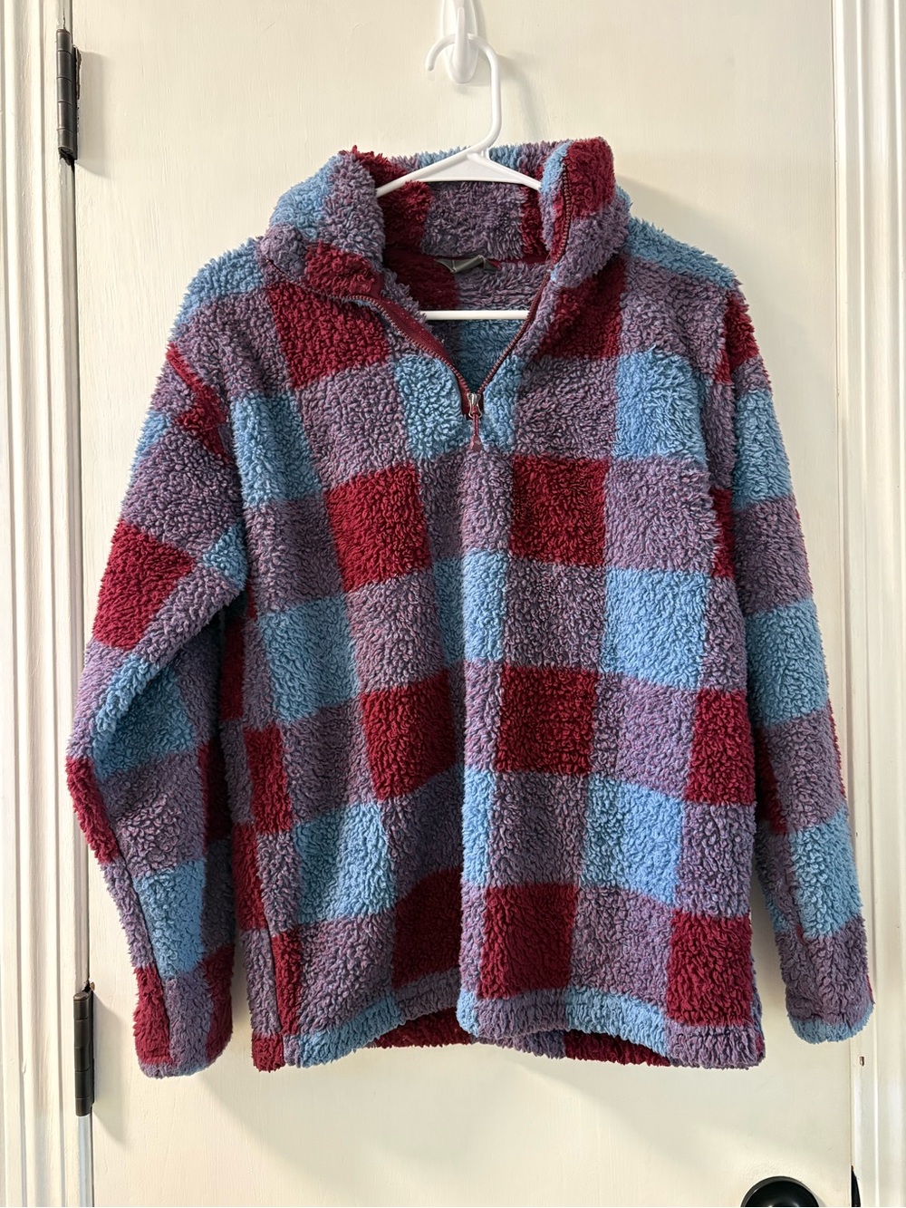 Eddie Bauer Checkered Sherpa Pullover - Blue, Burgundy & Purple